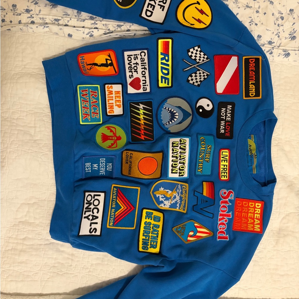 Aviator Nation Blue Patchwork Patch-Pocket Sweatshirt